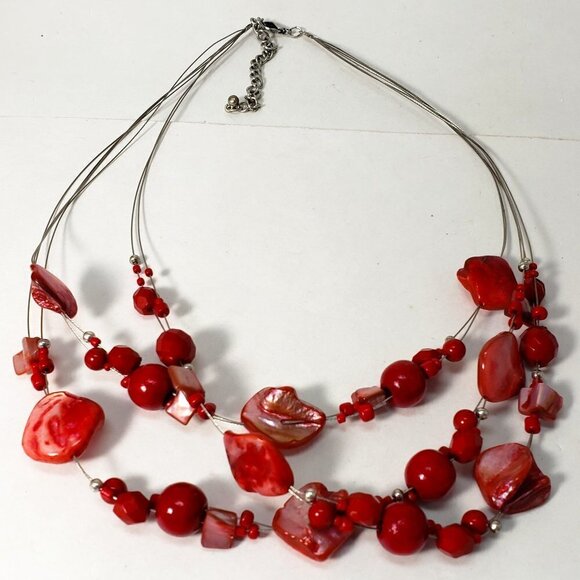 Layered Red Seashell Bead Necklace – Silver Tone Multi-Strand Statement Jewelry - Picture 3 of 8